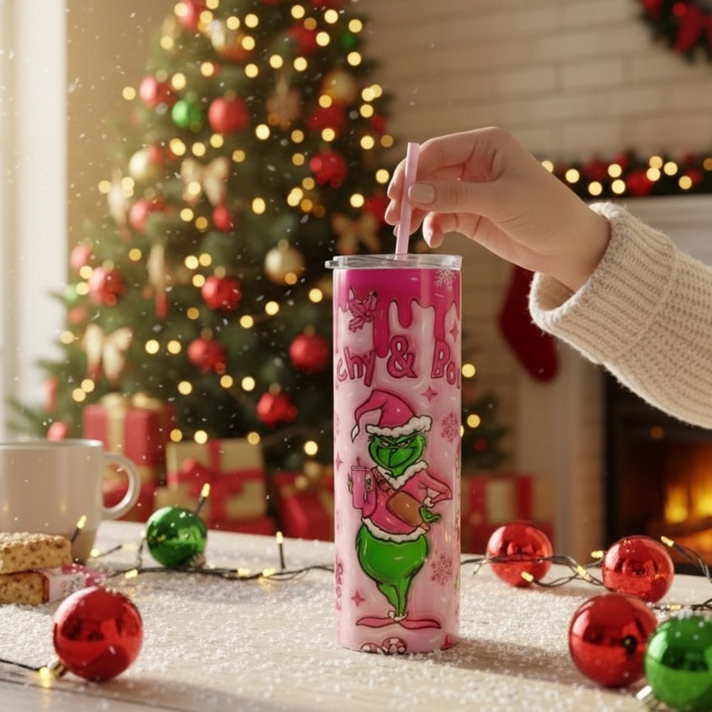 Christmas Tumbler Grinch Festive Pink Santa Gift